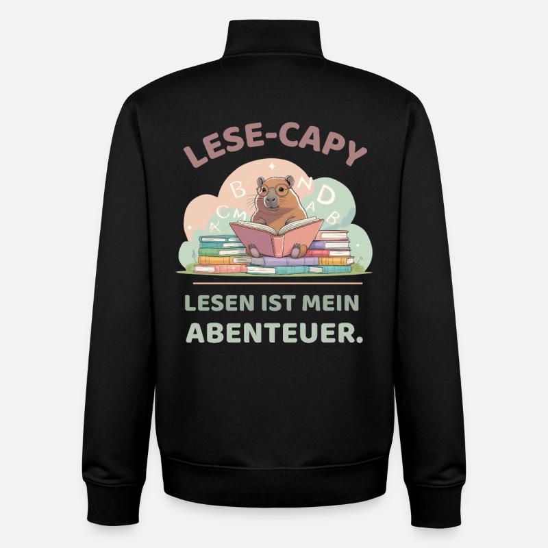 Capybara reading between stacks of books - Unisex Organic Zip Sweatshirt by Stanley/Stella - black