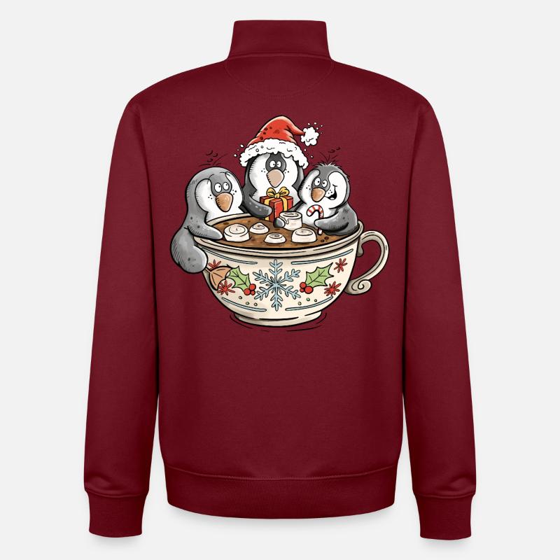 Cute Christmas Penguins in Cocoa Cup - Unisex Organic Zip Sweatshirt by Stanley/Stella - burgundy
