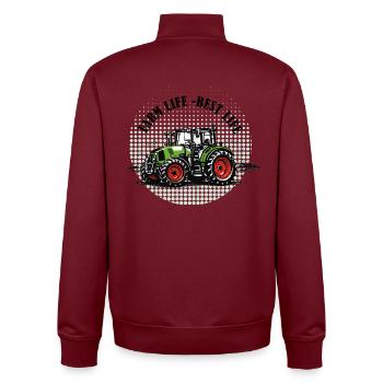 Farm Life – Grün-Roter Traktor Vintage Stil - Unisex Organic Zip Sweatshirt von Stanley/Stella - Burgunderrot - Hinten - AI Model Male 185 dark (185cm)