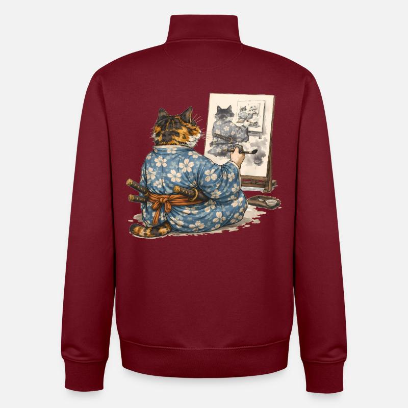 Samurai-Katzen-Malerei Sumi-e Ukiyo-e Kunst - Unisex Organic Zip Sweatshirt von Stanley/Stella - Burgunderrot