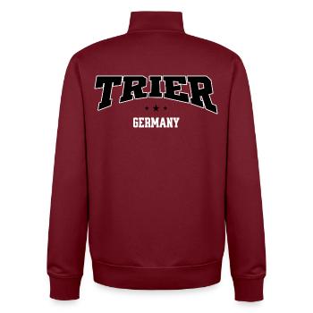 Motif de lettrage de la ville au collège de Trier, Allemagne - Sweat zippé unisexe en coton bio Stanley/Stella - bordeaux - Dos - AI Model Male 185 dark (185cm)
