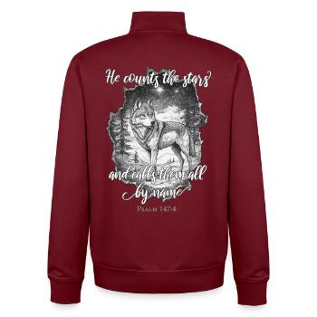 Wolf Christian - Unisex Organic Zip Sweatshirt by Stanley/Stella - burgundy - Back - AI Model Male 185 dark (185cm)