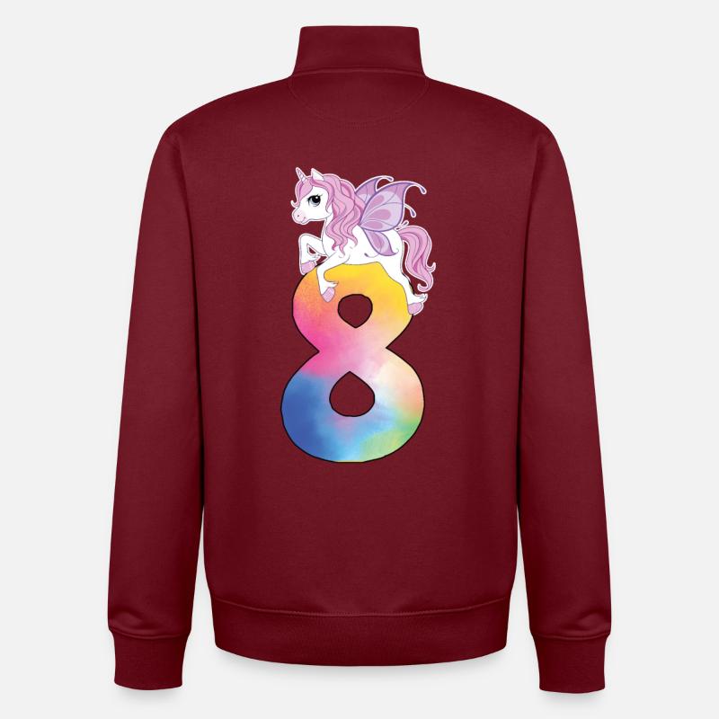Einhorn mit Regenbogenzahl 8. Geburtstag - Unisex Organic Zip Sweatshirt von Stanley/Stella - Burgunderrot