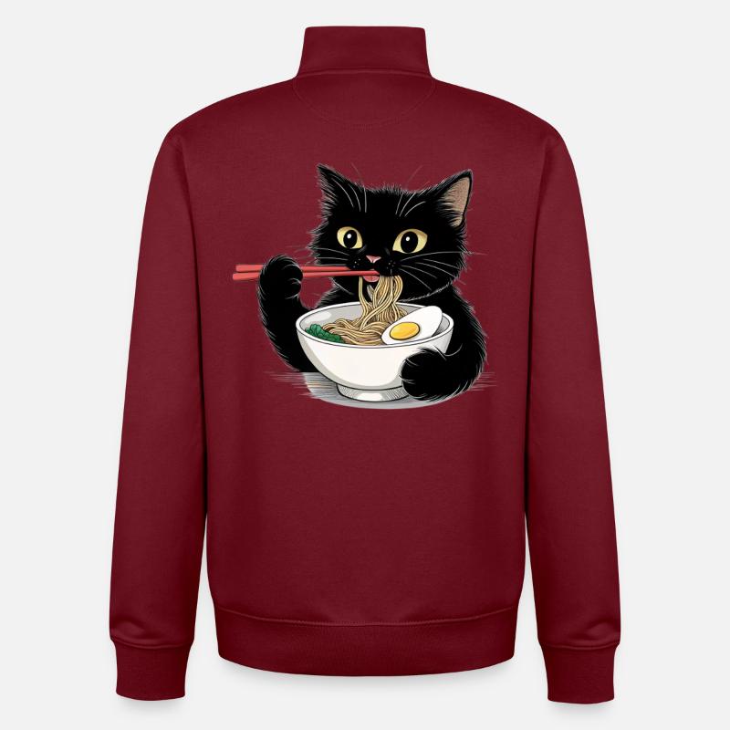 Chat noir mangeant des nouilles ramen - Sweat zippé unisexe en coton bio Stanley/Stella - bordeaux