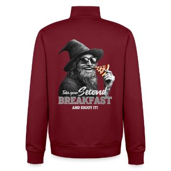 Lustiger Zauberer mit Pizza - Unisex Organic Zip Sweatshirt von Stanley/Stella - Burgunderrot - Hinten - AI Model Male 185 dark (185cm)