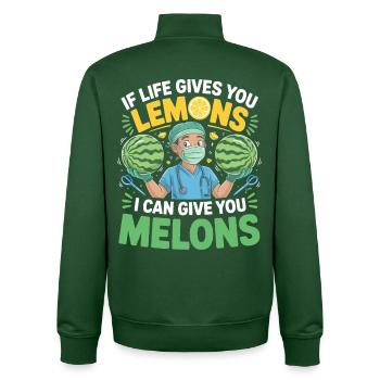 Melon Doctor Humor Print - Unisex Organic Zip Sweatshirt by Stanley/Stella - bottle green - Back - AI Model Male 185 dark (185cm)