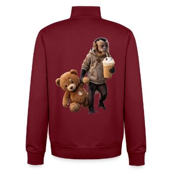 Affe Teddybär Eiskaffee Motiv - Unisex Organic Zip Sweatshirt von Stanley/Stella - Burgunderrot - Hinten - AI Model Male 185 dark (185cm)