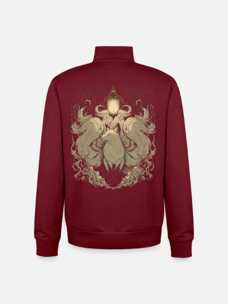 Kitsune Nine-Tailed Fox with Lantern - Unisex Organic Zip Sweatshirt by Stanley/Stella - burgundy