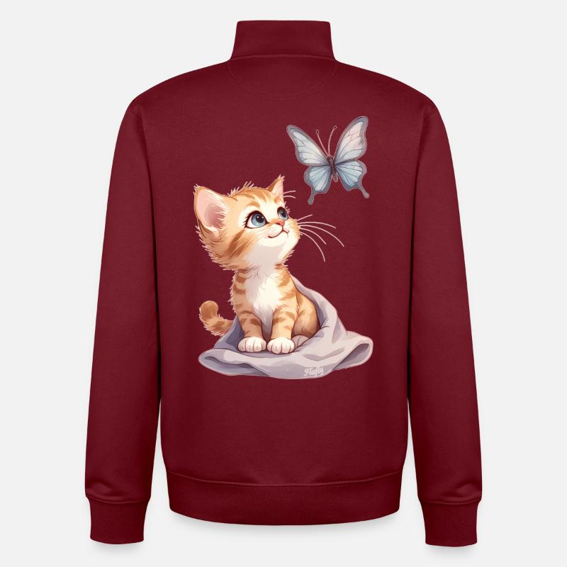 Kawaii Curious Chatten et Papillon 🐱🦋 - Sweat zippé unisexe en coton bio Stanley/Stella - bordeaux