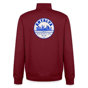 Antalya Skyline Emblem - Coastal City Flair - Unisex Organic Zip Sweatshirt by Stanley/Stella - burgundy - Back - AI Model Male 185 dark (185cm)