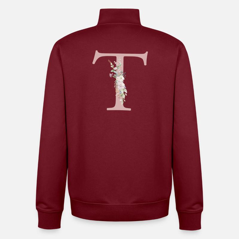 T Monogram, Floral, Personnalisable - Sweat zippé unisexe en coton bio Stanley/Stella - bordeaux