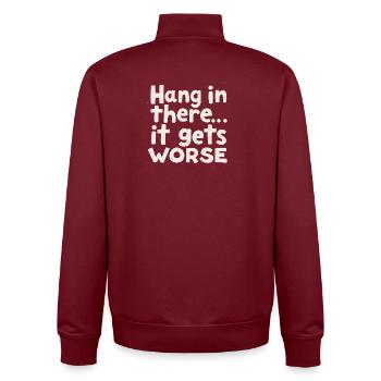 Restez à l’écoute, ça empire - Sweat zippé unisexe en coton bio Stanley/Stella - bordeaux - Dos - AI Model Male 185 dark (185cm)