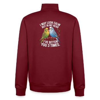 J’ai peut-être l’air calme, mais dans ma tête, je t’ai mordu 3 - Sweat zippé unisexe en coton bio Stanley/Stella - bordeaux - Dos - AI Model Male 185 dark (185cm)