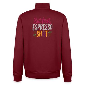 Mais le premier shot d’espresso - Sweat zippé unisexe en coton bio Stanley/Stella - bordeaux - Dos - AI Model Male 185 dark (185cm)