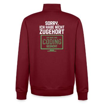 Désolé, je pensais au codage - Sweat zippé unisexe en coton bio Stanley/Stella - bordeaux - Dos - AI Model Male 185 dark (185cm)