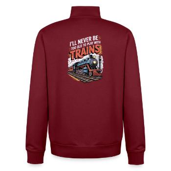 Ich werde nie zu alt sein, um mit Zügen zu spielen - Unisex Organic Zip Sweatshirt von Stanley/Stella - Burgunderrot - Hinten - AI Model Male 185 dark (185cm)