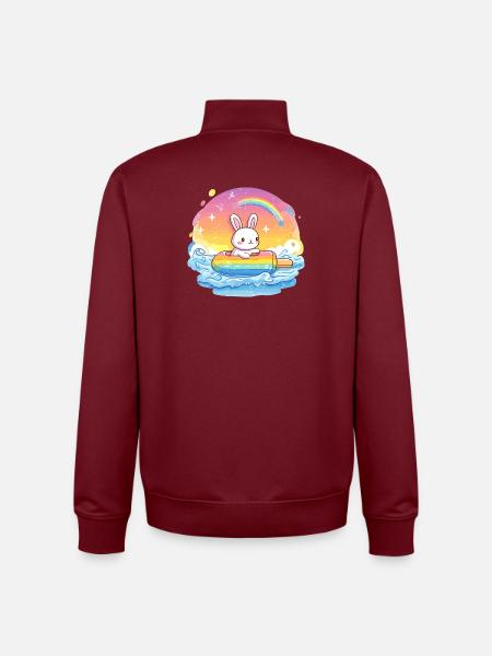 Little bunny surfs rainbow sea - Unisex Organic Zip Sweatshirt by Stanley/Stella - burgundy