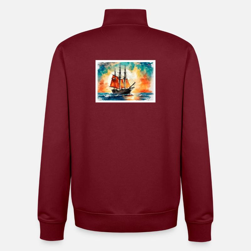Red sailing ship at sunset - Unisex Organic Zip Sweatshirt by Stanley/Stella - burgundy