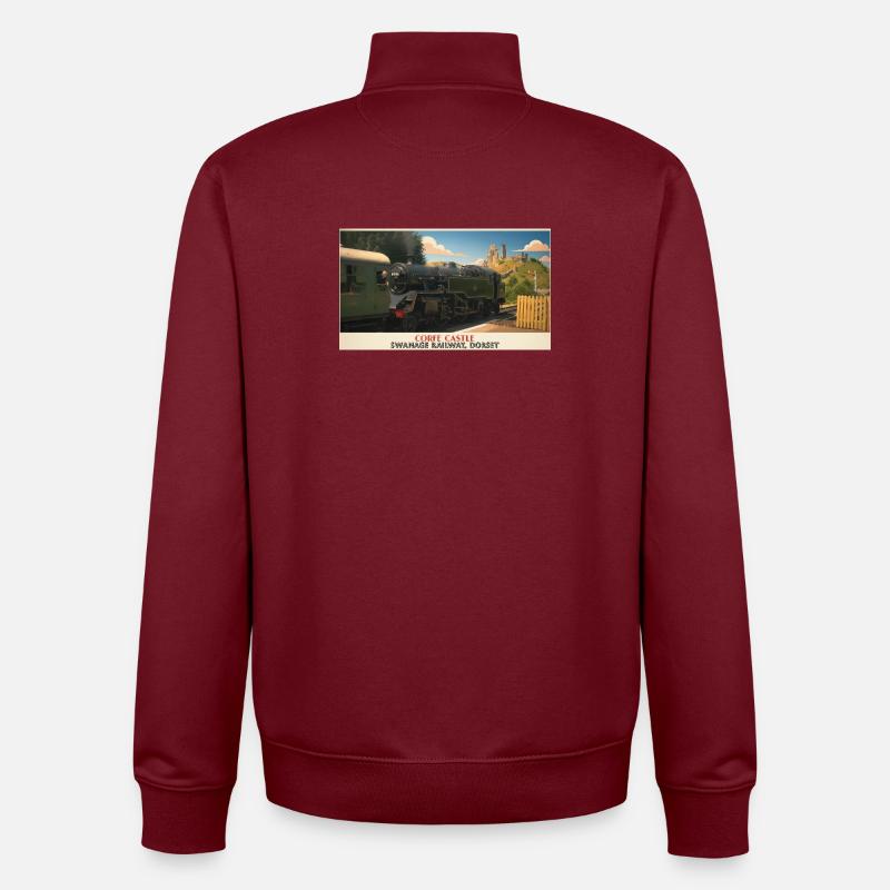 Corfe Castle Dampflok-Plakat - Unisex Organic Zip Sweatshirt von Stanley/Stella - Burgunderrot