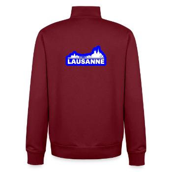 Lausanne Skyline: Brücke & Kathedrale - Unisex Organic Zip Sweatshirt von Stanley/Stella - Burgunderrot - Hinten - AI Model Male 185 dark (185cm)
