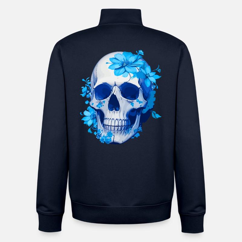 Crâne Floral Bleu Intense - Sweat zippé unisexe en coton bio Stanley/Stella - marine