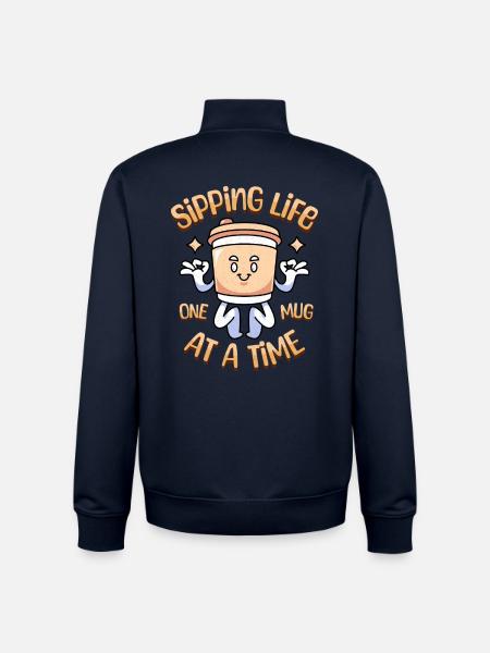 Sipping Life Funny Kawaii Coffee - Unisex Organic Zip Sweatshirt by Stanley/Stella - navy