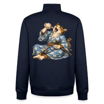 Saké de chat samouraï style ukiyo-e japonais - Sweat zippé unisexe en coton bio Stanley/Stella - marine - Dos - AI Model Male 185 light (185cm)