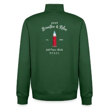 Texel, Relax Lighthouse Eierland, Pays-Bas - Sweat zippé unisexe en coton bio Stanley/Stella - vert bouteille - Dos - AI Model Male 185 dark (185cm)