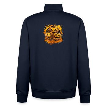 Grim Pumpkin Trio - Unisex Organic Zip Sweatshirt by Stanley/Stella - navy - Back - AI Model Male 185 light (185cm)