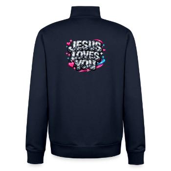 Jésus t’aime Streetwear - Sweat zippé unisexe en coton bio Stanley/Stella - marine - Dos - AI Model Male 185 light (185cm)
