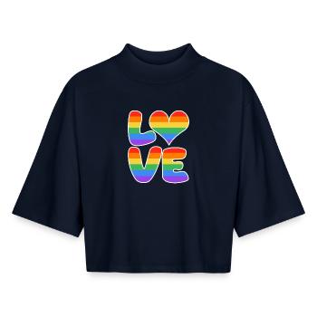 Rainbow Love Heart Design - Boxy Women's Recycled 1/2 Sleeved T-Shirt by Stanley/Stella - navy - Front - AI Model Female 172 light (172cm)