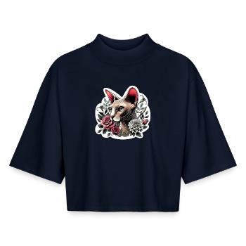 Rose Sphynx Chat - T-shirt femme coupe boxy recyclé manches mi-longues Stanley/Stella - marine - Devant - AI Model Female 172 light (172cm)