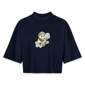 Panda on bamboo path - Boxy Women's Recycled 1/2 Sleeved T-Shirt by Stanley/Stella - navy - Front - AI Model Female 172 light (172cm)