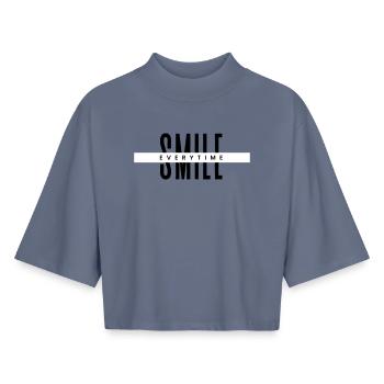 Smile Everytime – Minimal Positive Typography - Boxy Women's Recycled 1/2 Sleeved T-Shirt by Stanley/Stella - blue grey  - Front - AI Model Female 172 light (172cm)