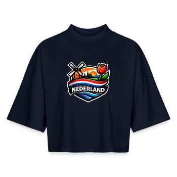 Niederländischer Sonnenaufgang mit Windmühlen-Tulpen - Boxy Frauen Recyceltes 1/2 Sleeved T-Shirt by Stanley/Stella - Navy - Vorne - AI Model Female 172 light (172cm)