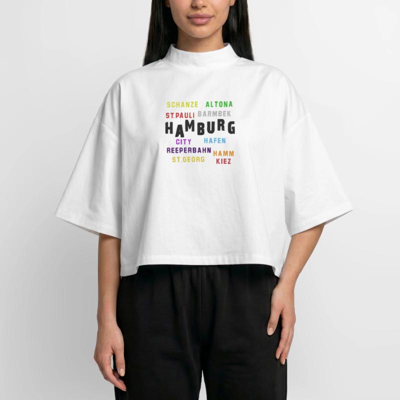 Collage typographique du quartier de Hambourg T-shirt femme coupe boxy recyclé manches mi-longues Stanley/Stella