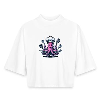 Octo-Chef : Le tentacule gourmand - T-shirt femme coupe boxy recyclé manches mi-longues Stanley/Stella - blanc - Devant - AI Model Female 172 dark (172cm)
