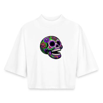 Leuchtender Totenkopf mit Blumenmotiv - Boxy Frauen Recyceltes 1/2 Sleeved T-Shirt by Stanley/Stella - Weiß - Vorne - AI Model Female 172 dark (172cm)