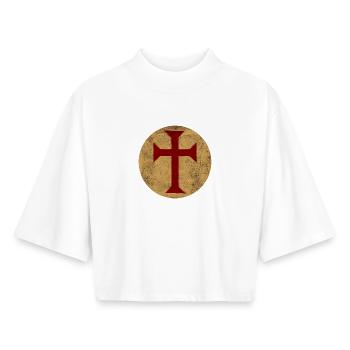 Croix des templiers dans cercle doré - T-shirt femme coupe boxy recyclé manches mi-longues Stanley/Stella - blanc - Devant - AI Model Female 172 dark (172cm)