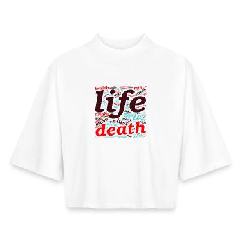 Vie et mort – L’art des mots entre le ciel et l’enfer - T-shirt femme coupe boxy recyclé manches mi-longues Stanley/Stella - blanc - Devant - AI Model Female 172 dark (172cm)