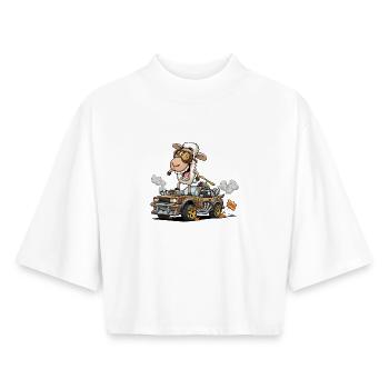 Llama Racer avec équipement Steampunk - T-shirt femme coupe boxy recyclé manches mi-longues Stanley/Stella - blanc - Devant - AI Model Female 172 dark (172cm)
