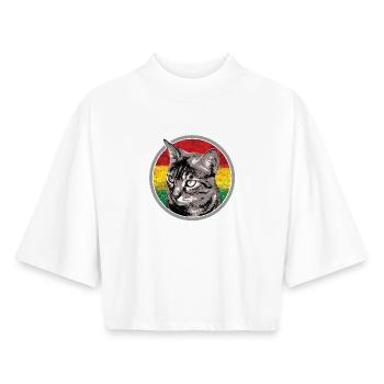 Cat with flag backgrounds - Boxy Women's Recycled 1/2 Sleeved T-Shirt by Stanley/Stella - white - Front - AI Model Female 172 dark (172cm)