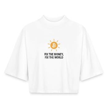 Fix_the_money - Boxy Women's Recycled 1/2 Sleeved T-Shirt by Stanley/Stella - white - Front - AI Model Female 172 dark (172cm)