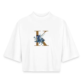 K Monogram with Blue Flowers - Boxy Women's Recycled 1/2 Sleeved T-Shirt by Stanley/Stella - white - Front - AI Model Female 172 dark (172cm)