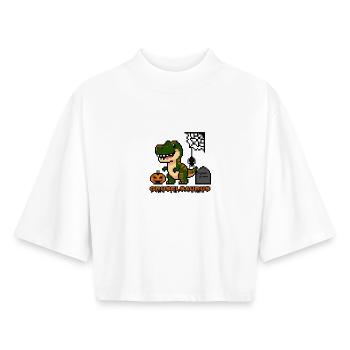 « Gruselsaurus » - Dinosaure Pixel Art 🎃🦖 - T-shirt femme coupe boxy recyclé manches mi-longues Stanley/Stella - blanc - Devant - AI Model Female 172 dark (172cm)