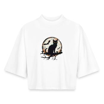 Chat Halloween - T-shirt femme coupe boxy recyclé manches mi-longues Stanley/Stella - blanc - Devant - AI Model Female 172 dark (172cm)