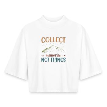 Montagnes - Collectez des souvenirs, pas des choses - T-shirt femme coupe boxy recyclé manches mi-longues Stanley/Stella - blanc - Devant - AI Model Female 172 dark (172cm)