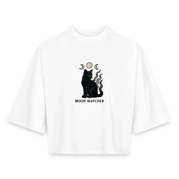 Chat Gardien de la Lune - T-shirt femme coupe boxy recyclé manches mi-longues Stanley/Stella - blanc - Devant - AI Model Female 172 dark (172cm)