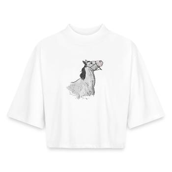 The head of a grey horse pulling on its lunge - Boxy Women's Recycled 1/2 Sleeved T-Shirt by Stanley/Stella - white - Front - AI Model Female 172 dark (172cm)