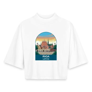 Riga Latvia Vintage Travel Poster Art - Boxy Women's Recycled 1/2 Sleeved T-Shirt by Stanley/Stella - white - Front - AI Model Female 172 dark (172cm)